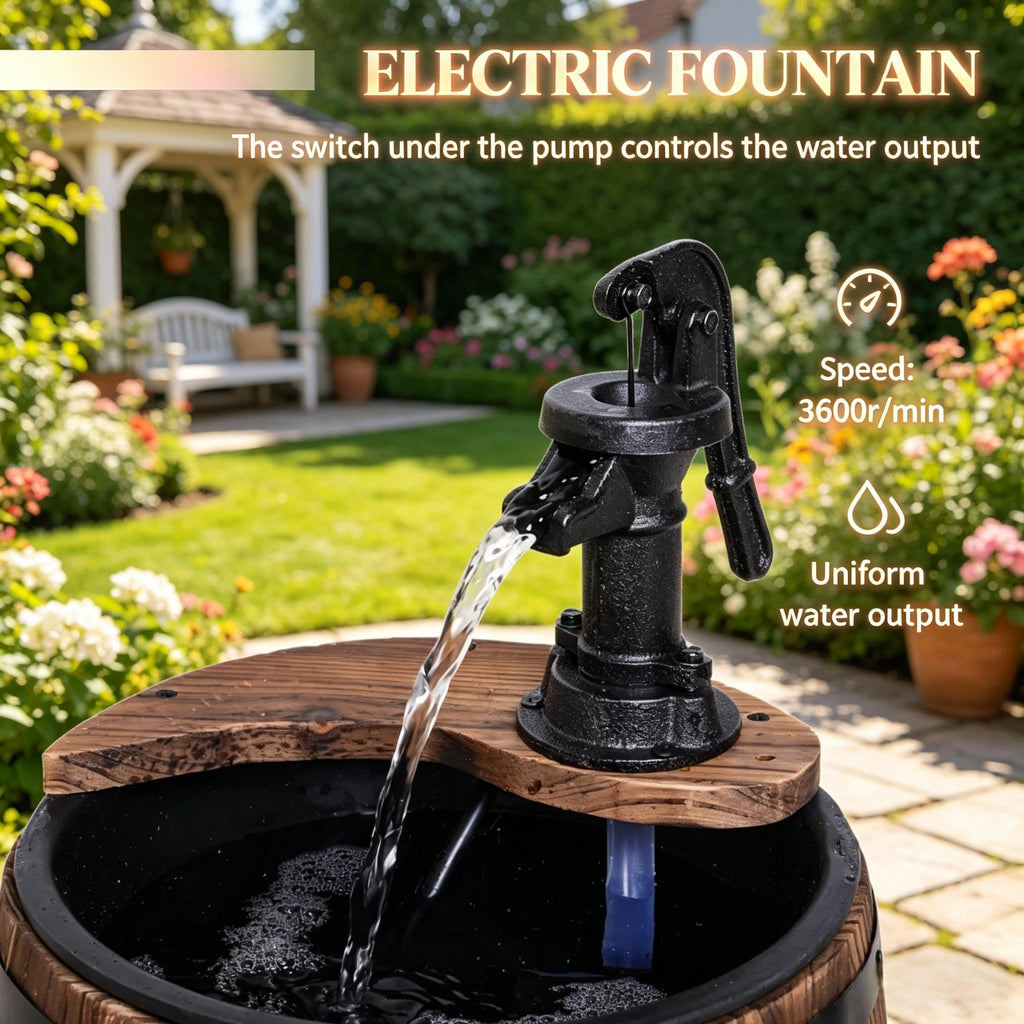 Wood and Iron Barrel Pump Fountain Planter 23 Inch | Outdoor Fountain | Wiccan Center