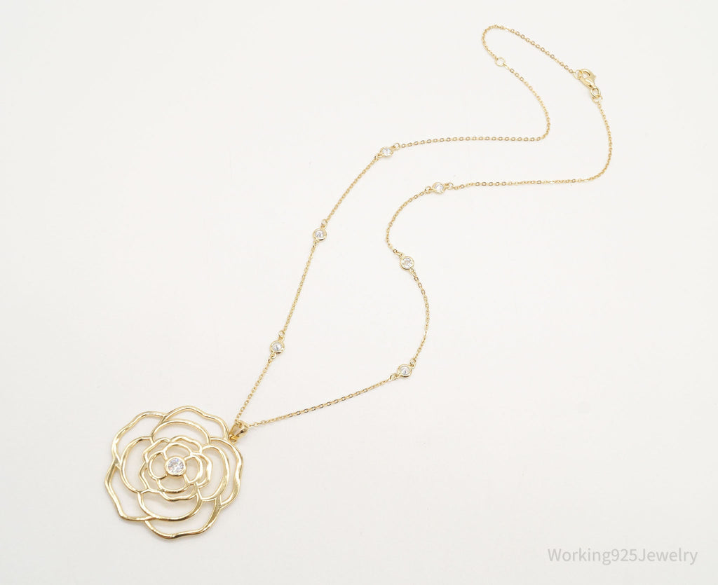 Vintage Cubic Zirconia Gold Vermeil Sterling Silver Flower Necklace 18" | Jewelry > Necklaces > Pendants | Wiccan Center