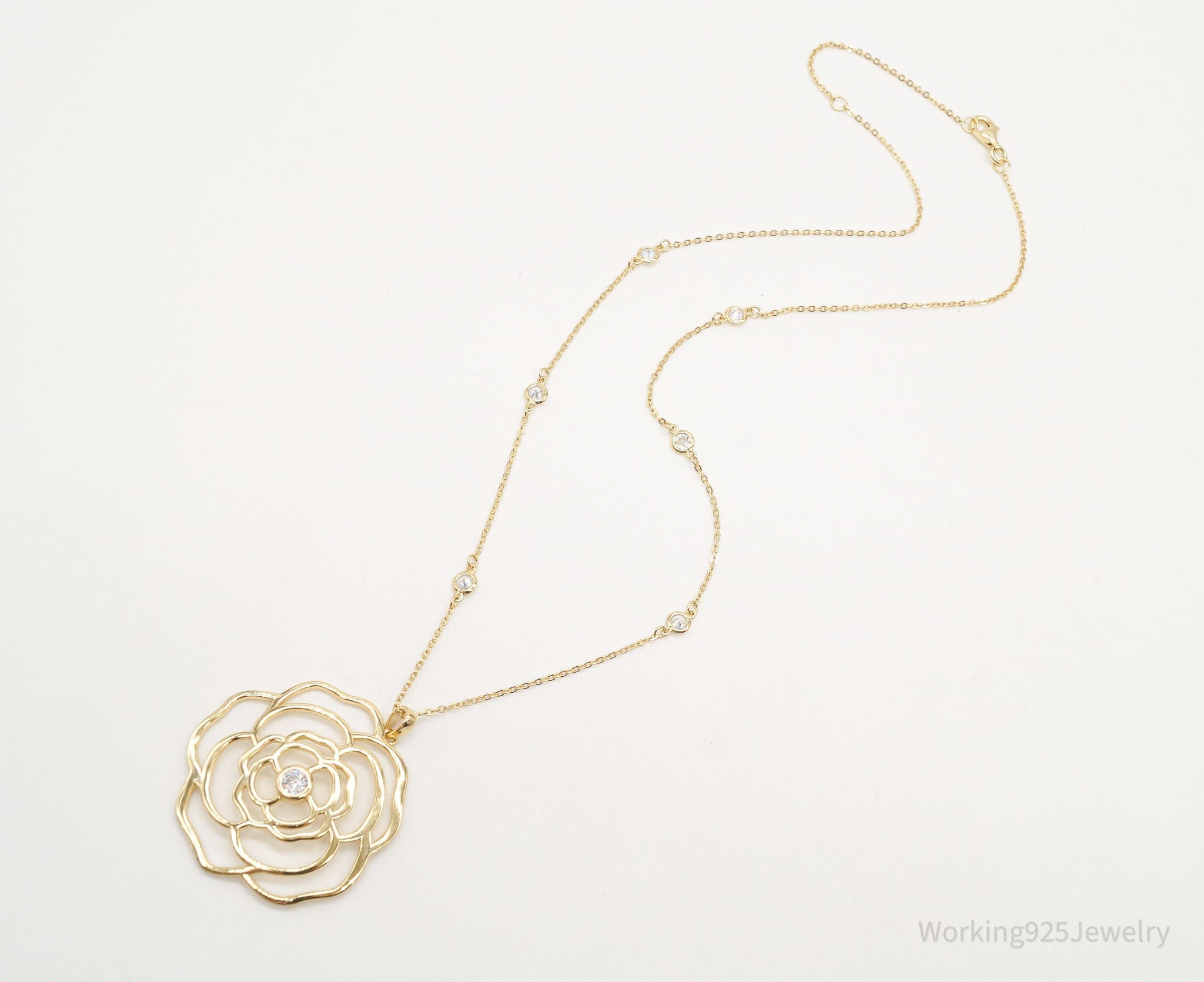 Vintage Cubic Zirconia Gold Vermeil Sterling Silver Flower Necklace 18" | Jewelry > Necklaces > Pendants | Wiccan Center