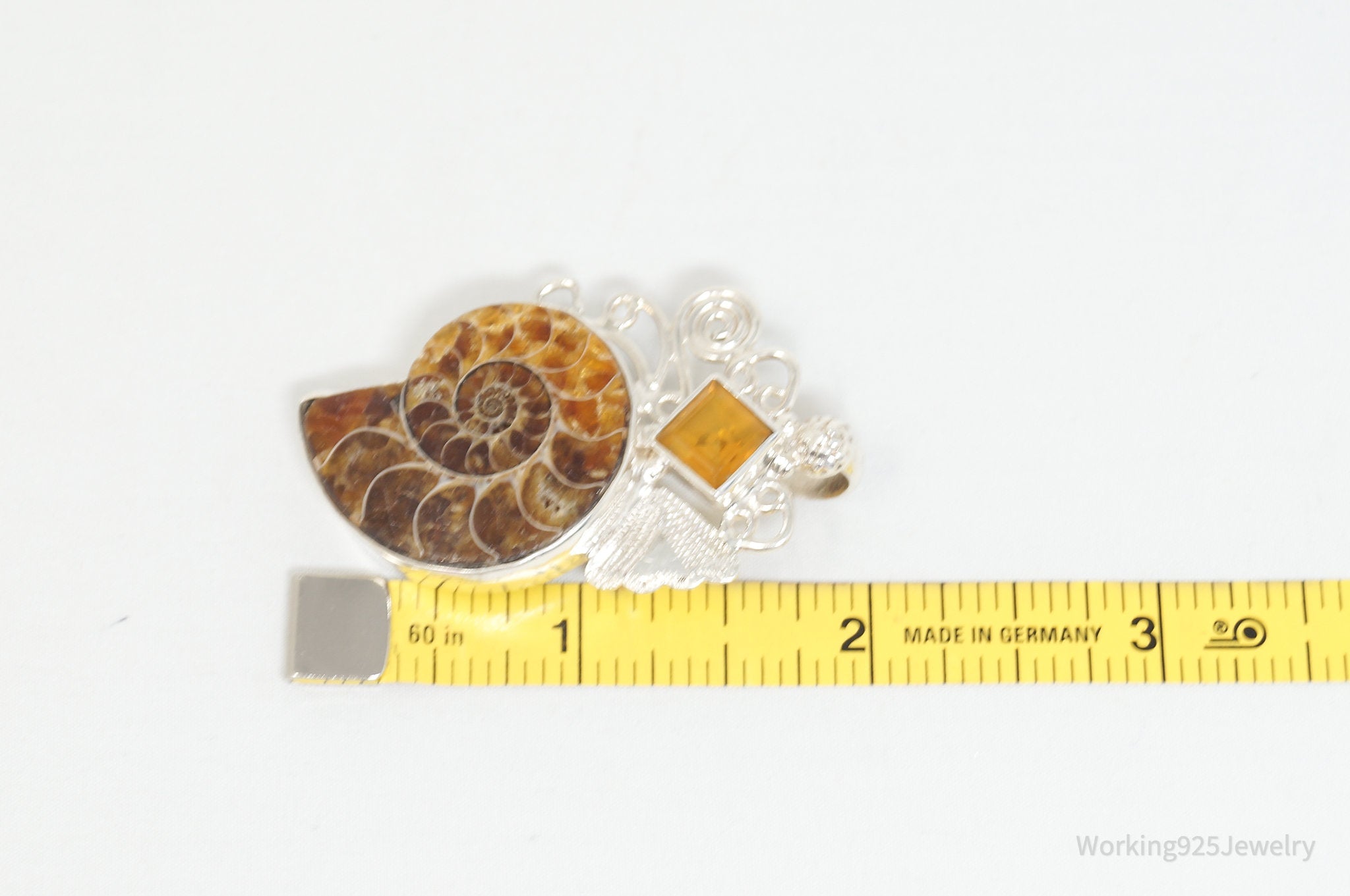 Vintage Large Ammonite Fossil Shell Citrine Sterling Silver Necklace Pendant | Jewelry > Necklaces > Pendants | Wiccan Center