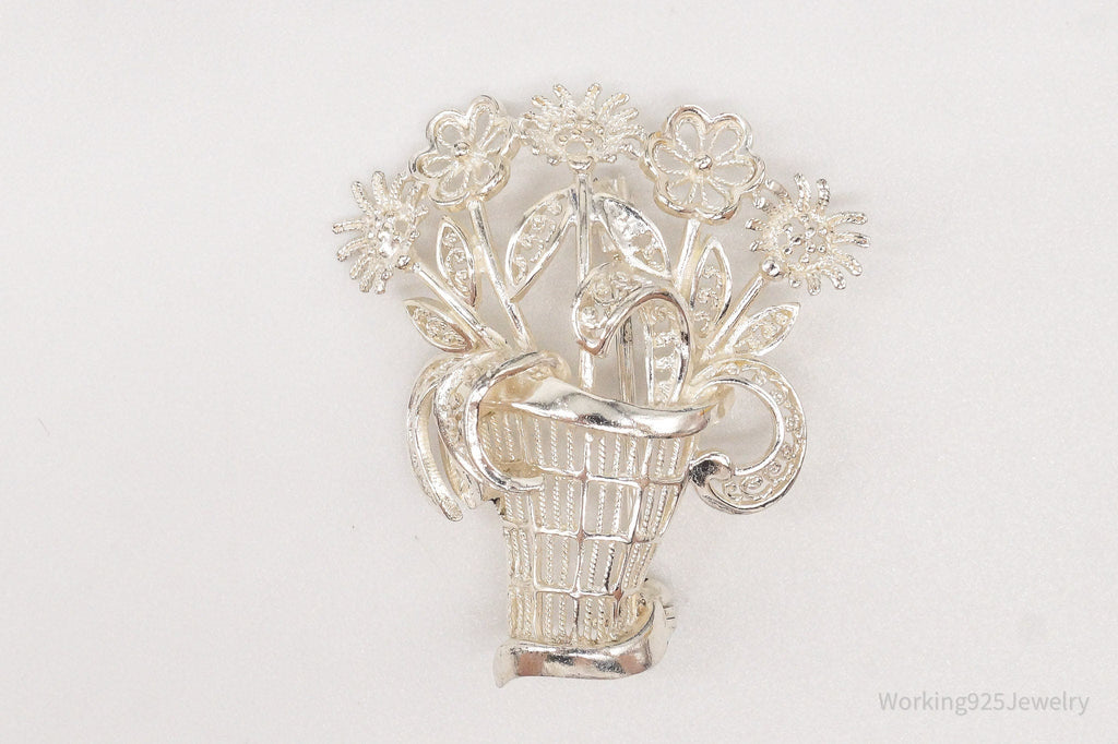 Vintage Mid Century German Sterling Silver Flower Basket Brooch Pin | Jewelry > Brooches, Pins & Clips | Wiccan Center