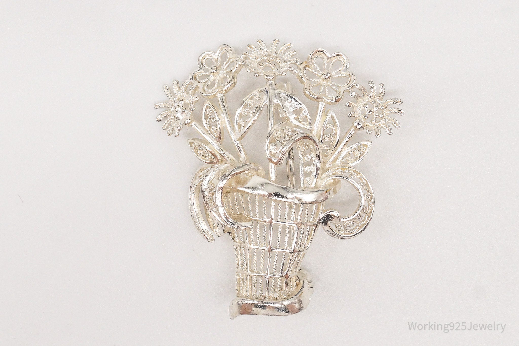 Vintage Mid Century German Sterling Silver Flower Basket Brooch Pin | Jewelry > Brooches, Pins & Clips | Wiccan Center