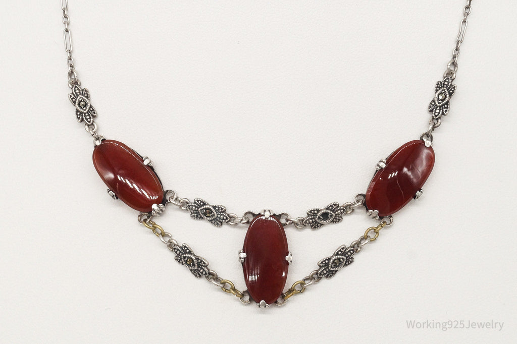 Antique Carnelian Marcasite Sterling Silver Necklace | Jewelry > Necklaces > Pendants | Wiccan Center