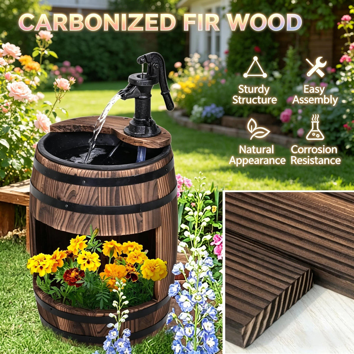 Wood and Iron Barrel Pump Fountain Planter 23 Inch