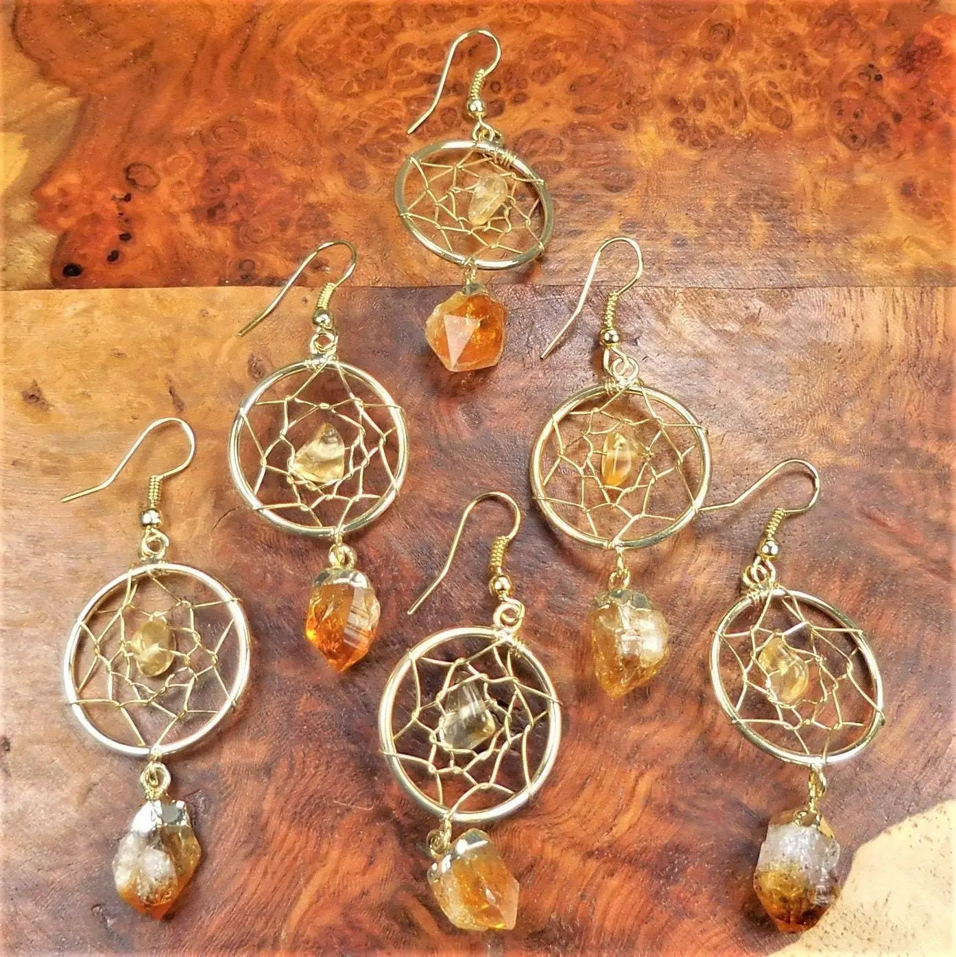 DreamCatcher Earrings Pair (Citrine Crystal)(Gold Plated)(Stainless Steel Hooks) Gemstone Jewelry Supply | Jewelry > Earrings > Dangle & Drop Earrings | Wiccan Center