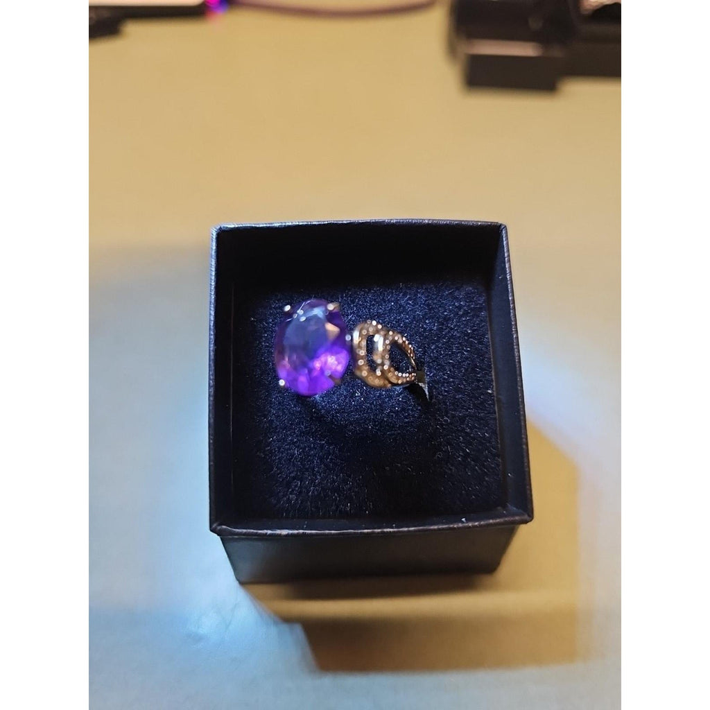 Womens 14K White Gold Platinum Finish Size 6 Ring Amethyst & Diamonds