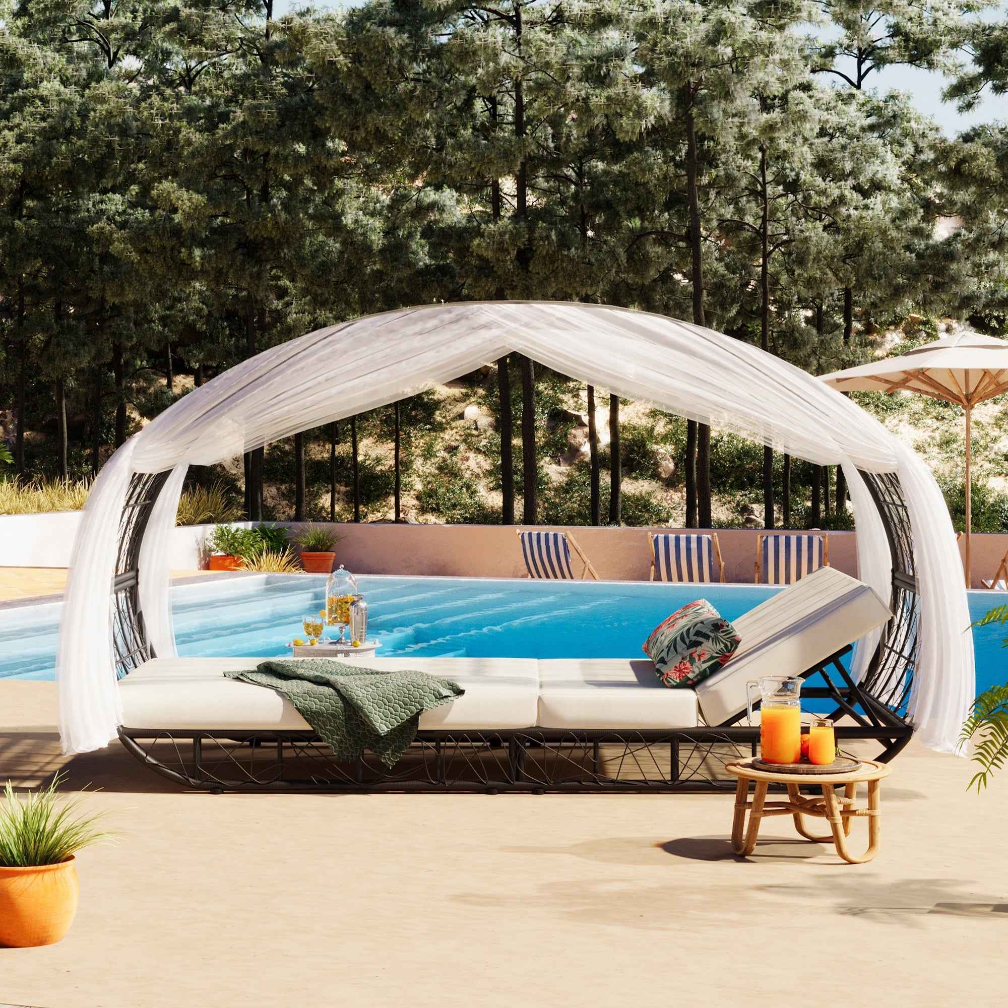 90.55" Outdoor Patio Daybed with Curtain, Sunbed with Cushion and | Furniture | Wiccan Center
