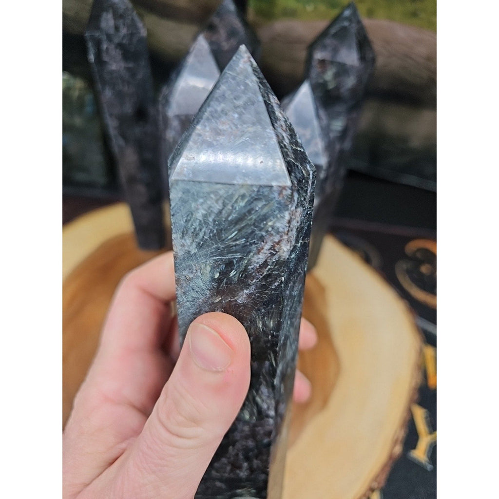 Arfvedsonite Garnet Crystal Tower with Blue Flash — 1.5–1.9 lbs, Polished | CrystalCloud Company | Crystal Points & Towers | Wiccan Center