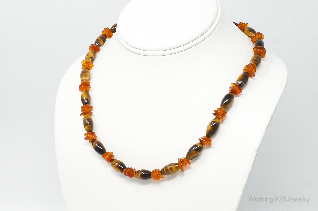 Vintage Designer GSJ Amber Tigers Eye Beads Sterling Silver Necklace | Jewelry > Necklaces > Pendants | Wiccan Center