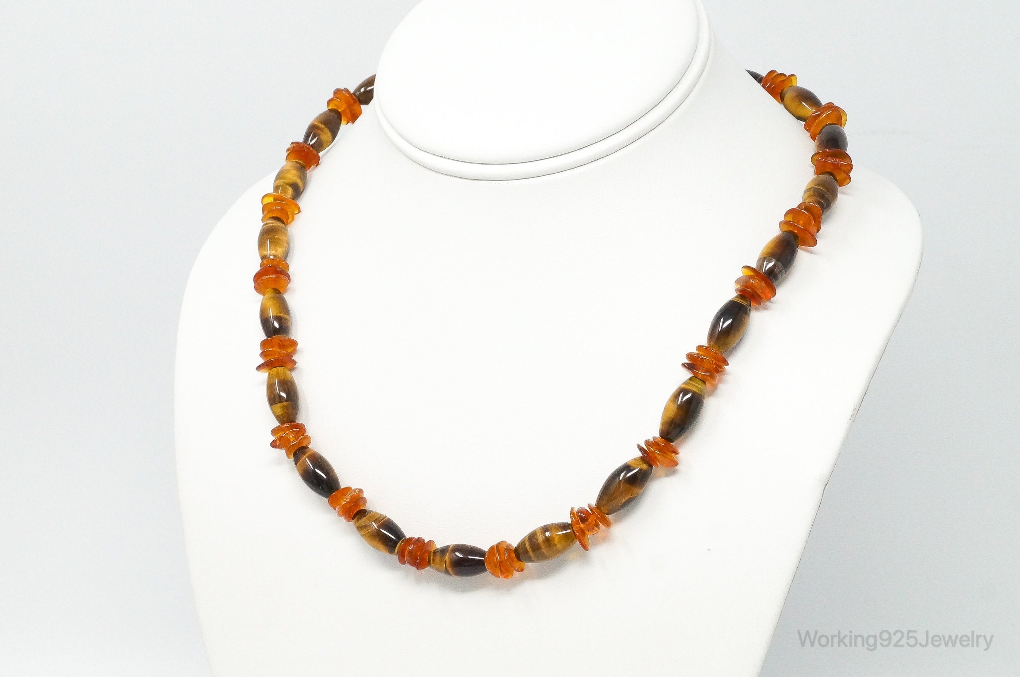 Vintage Designer GSJ Amber Tigers Eye Beads Sterling Silver Necklace | Jewelry > Necklaces > Pendants | Wiccan Center