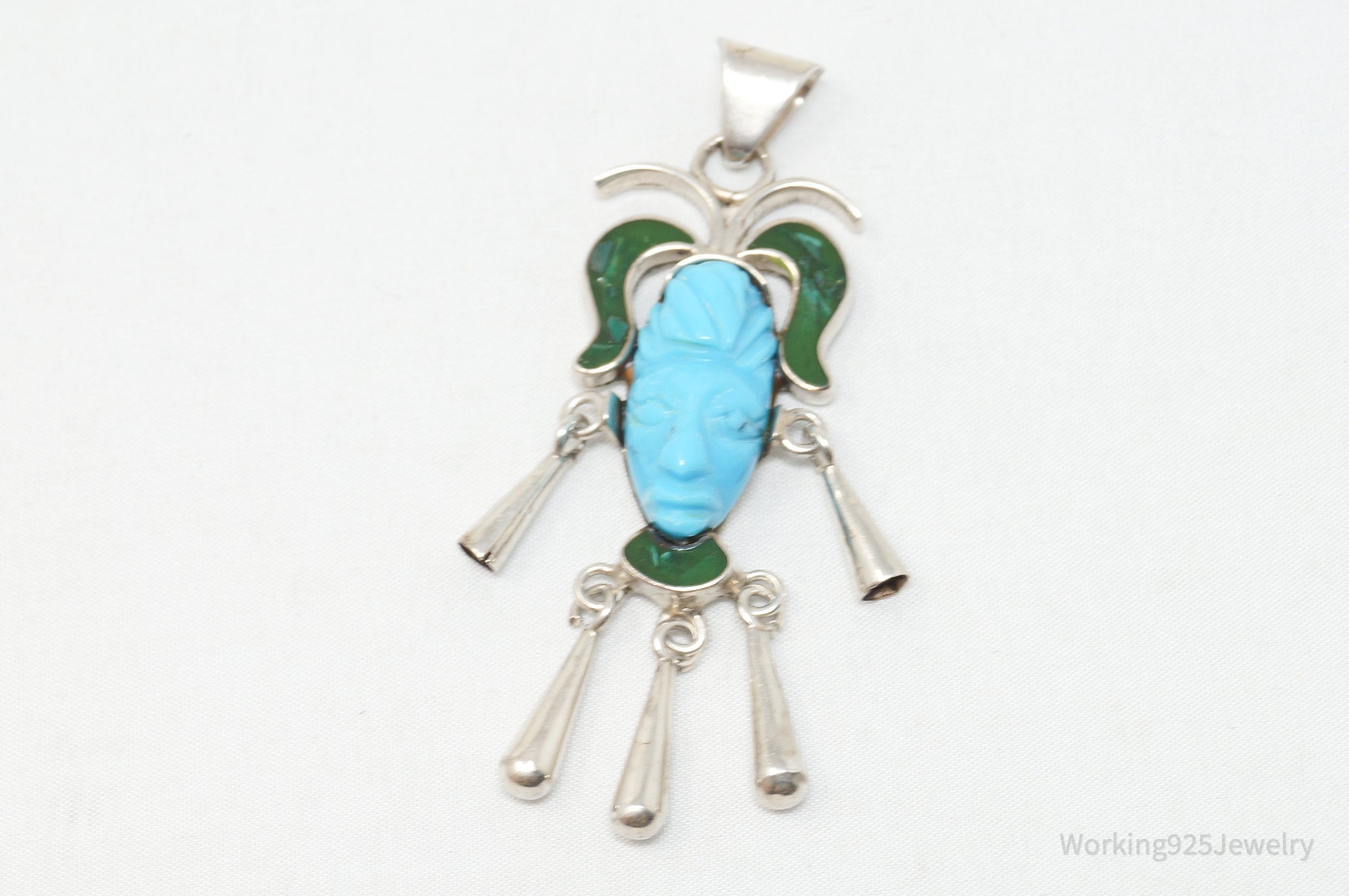 Vintage Taxco Mexican Carved Turquoise Sterling Silver Necklace Pendant | Jewelry > Necklaces | Wiccan Center