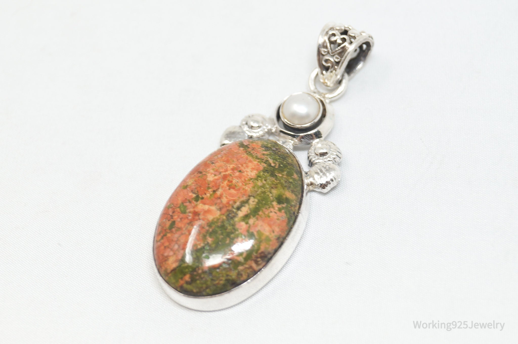 Vintage Large Green Orange Unakite Jasper Pearl Sterling Silver Necklace Pendant | Jewelry > Necklaces > Pendants | Wiccan Center