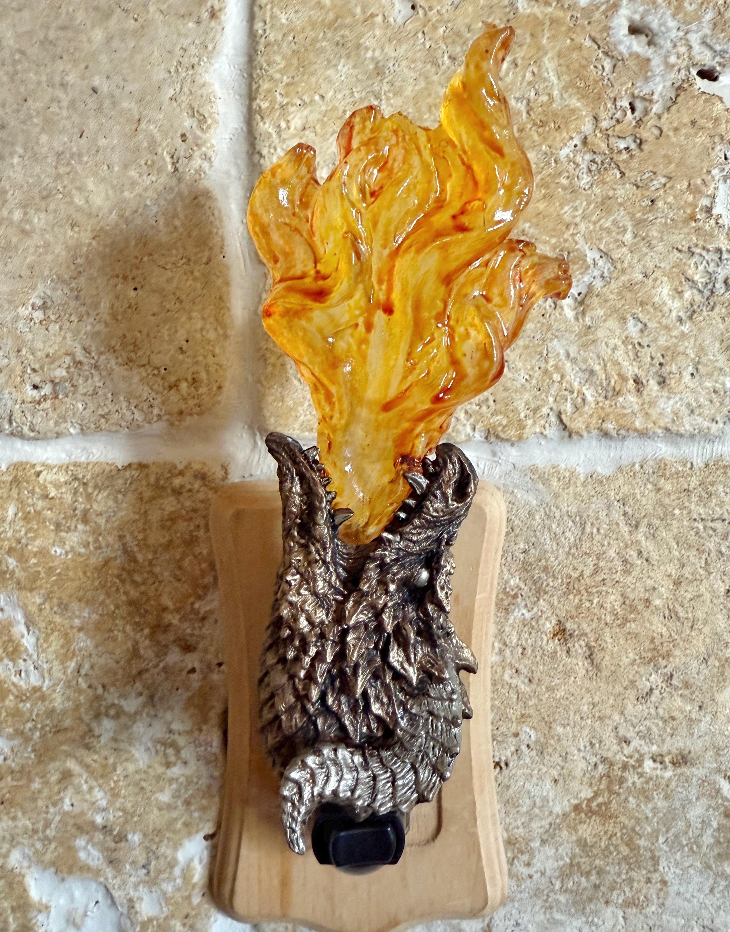 Fire Breathing Dragon Nightlight, Hand Painted Resin Sculpture | Fantasy Dragon Night Light | Mythic Legends Lighting for Fantasy Home Decor