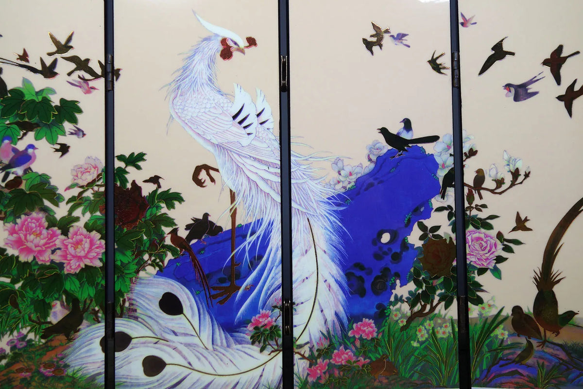 Chinese Lacquerware Six-Panel Tabletop Screen – "Hundred Birds Worship the Phoenix" | Accents > Room Divider Screens | Wiccan Center