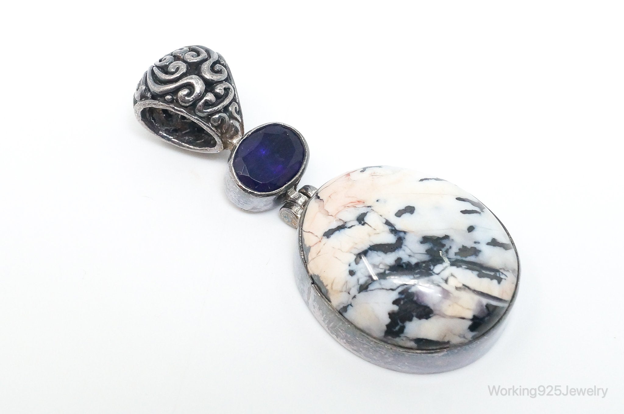 Vintage Large Zebra Jasper Amethyst Sterling Silver Necklace Pendant | Jewelry > Necklaces > Pendants | Wiccan Center