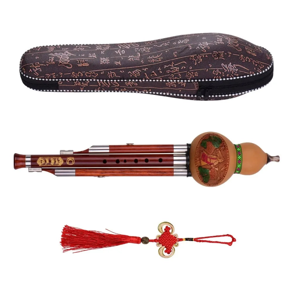 3-Tone C Key Hulusi Gourd Flute Solid Wood Tube Chinese Traditional Musical Instrument with Chinese Knot & Carrying Case