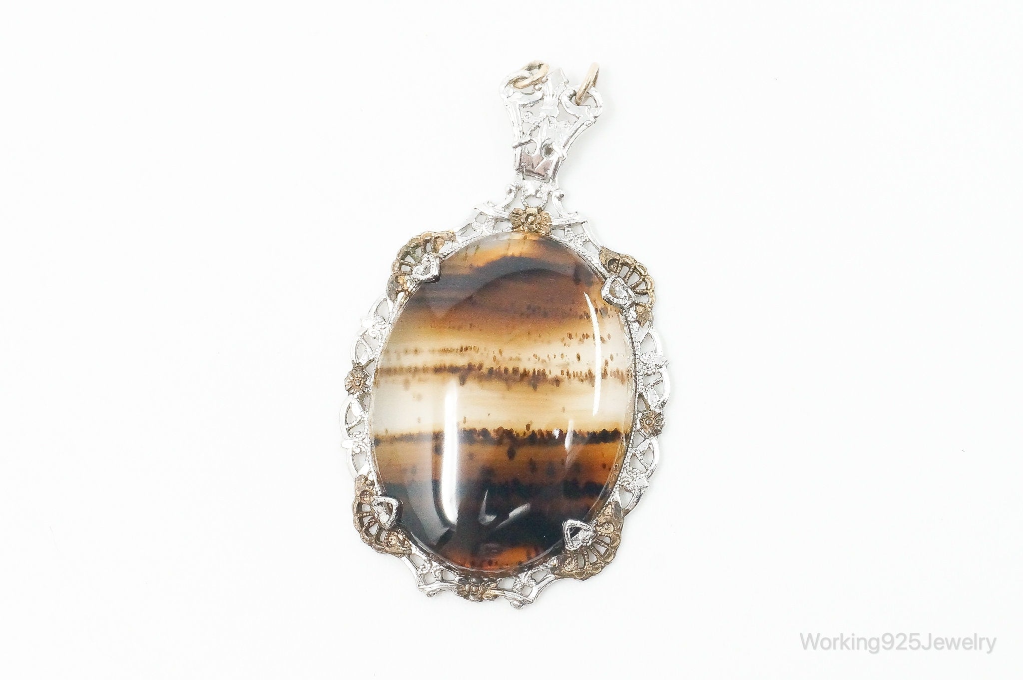 Antique Large Montana Agate Sterling Silver Necklace Pendant | Jewelry > Necklaces > Pendants | Wiccan Center