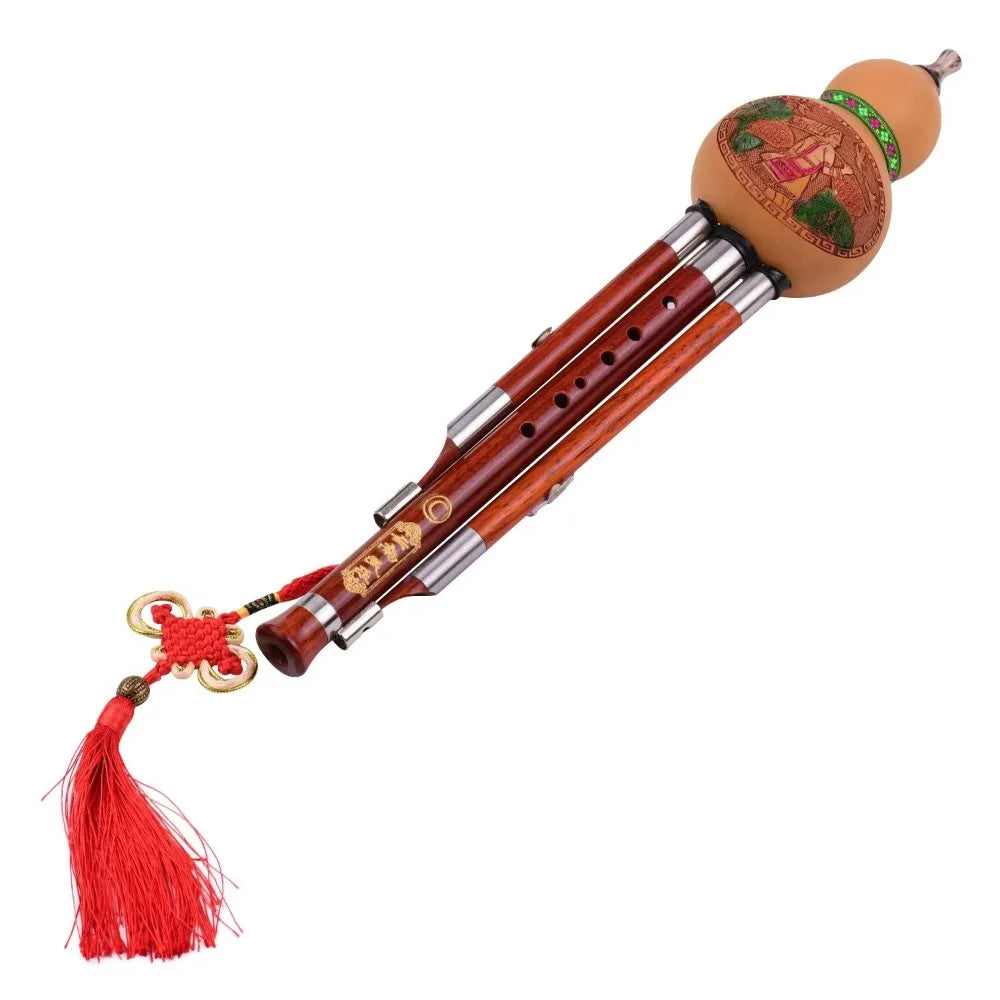 3-Tone C Key Hulusi Gourd Flute Solid Wood Tube Chinese Traditional Musical Instrument with Chinese Knot & Carrying Case