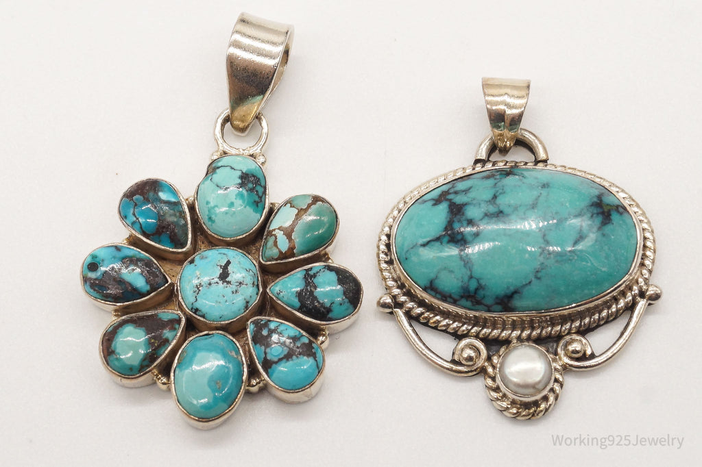 Vintage Turquoise Pearl Bali Style Sterling Silver Pendant Set | Jewelry > Necklaces > Pendants | Wiccan Center