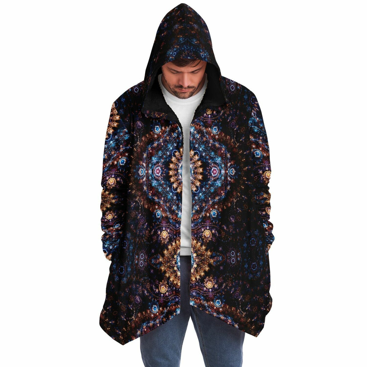 Cosmic Plane Cuddle Cloak | Unisex Minky Sherpa Lined Hooded Coat | Women and Mens Festival Coat | Mountain Fashion | Microfleece Cloak - AOP | Wiccan Center