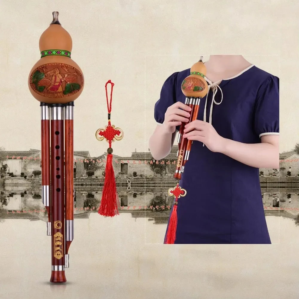 3-Tone C Key Hulusi Gourd Flute Solid Wood Tube Chinese Traditional Musical Instrument with Chinese Knot & Carrying Case