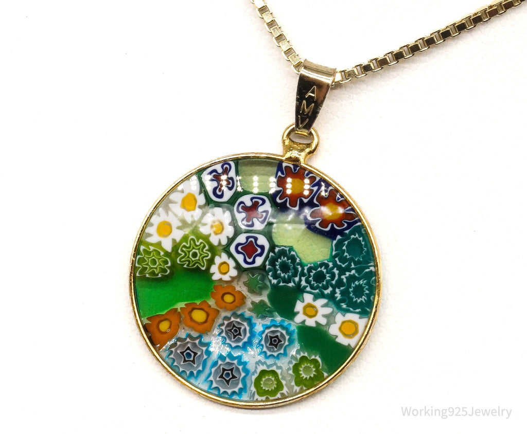 Vintage Glass Murano Millefiori Flowers Gold Vermeil Sterling Silver Necklace | Jewelry > Necklaces > Pendants | Wiccan Center
