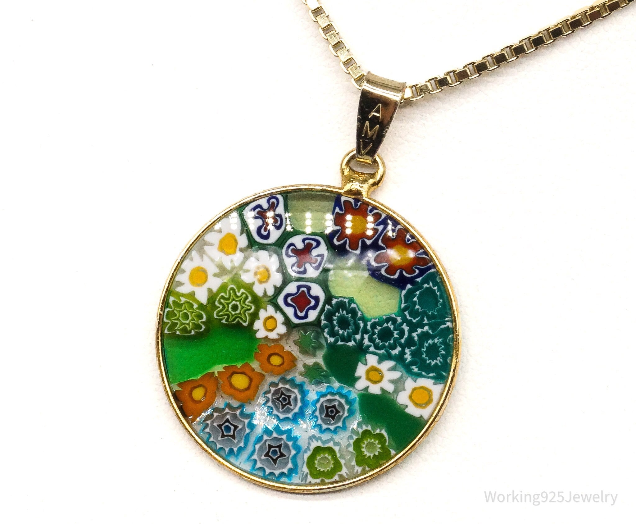 Vintage Glass Murano Millefiori Flowers Gold Vermeil Sterling Silver Necklace | Jewelry > Necklaces > Pendants | Wiccan Center
