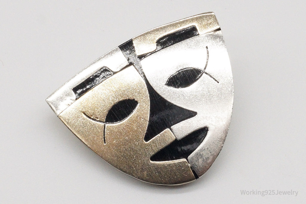 Large Vintage Mexico Warrior Tribal Mask Sterling Silver Two Tone Brooch Pin | Jewelry > Brooches, Pins & Clips | Wiccan Center