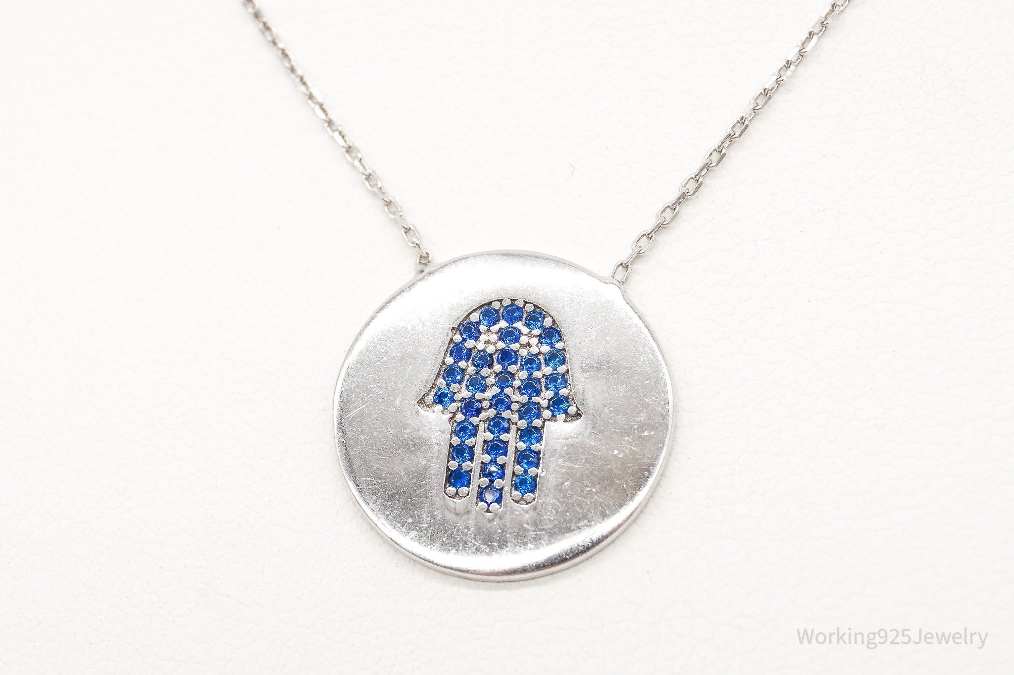 Vintage Blue Cubic Zirconia Hamsa Hand Sterling Silver Necklace | Jewelry > Necklaces > Pendants | Wiccan Center
