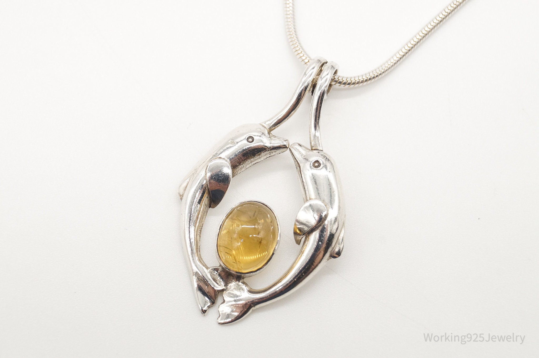 Vintage Large Kissing Dolphins Citrine Sterling Silver Necklace | Jewelry > Necklaces > Pendants | Wiccan Center
