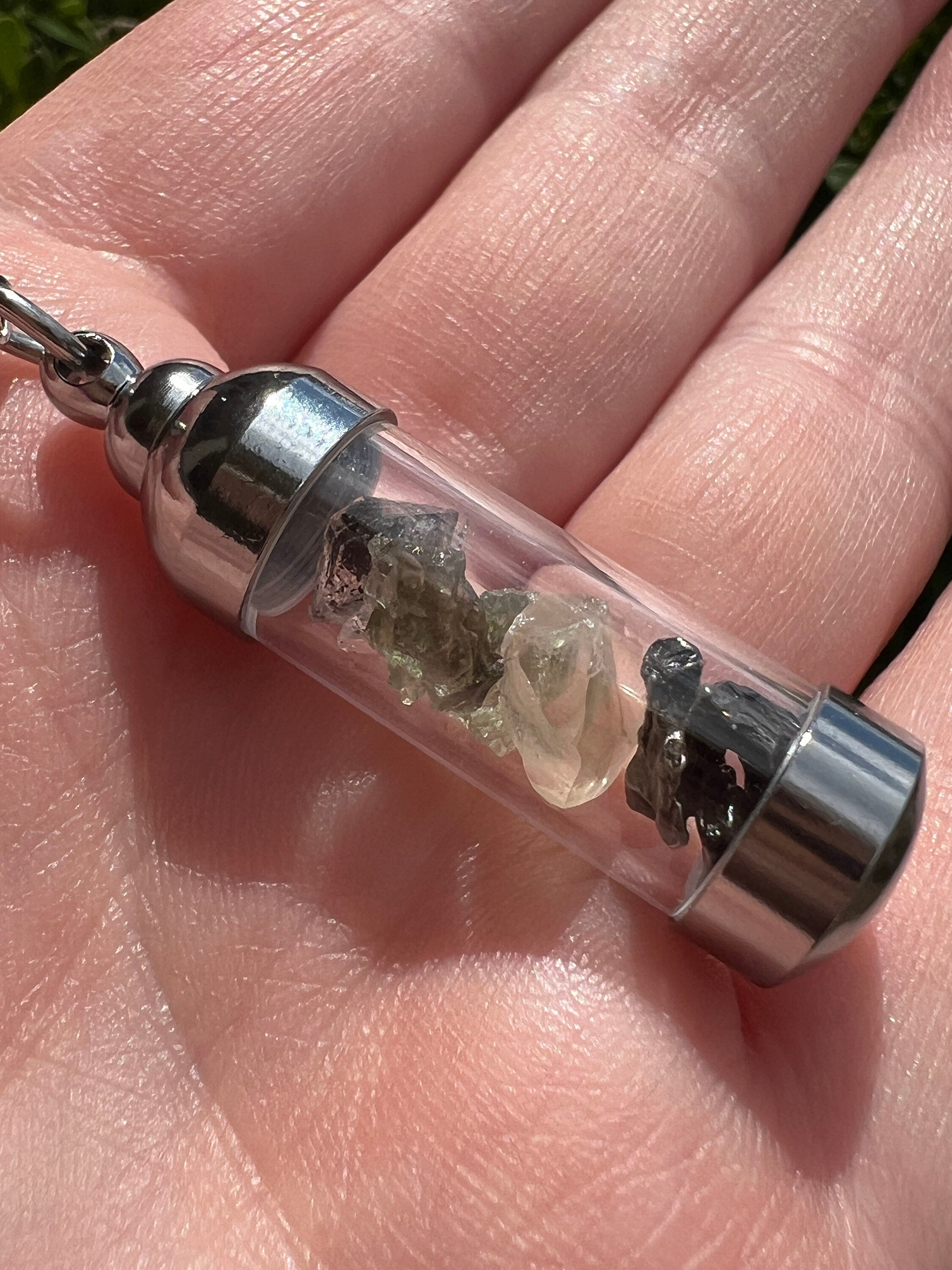 Moldavite Herkimer Diamond Meteroite Libyan Desert Glass Pendant | Iron Campo del Cielo Raw Tektite Jewelry Vial Necklace | Transformation | | Wiccan Center