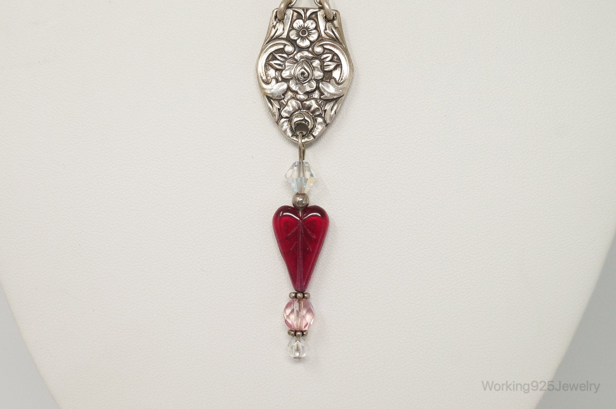 Vintage Floral Spoon Repousse Glass Heart Crystal Sterling Silver Necklace | Jewelry > Necklaces > Pendants | Wiccan Center