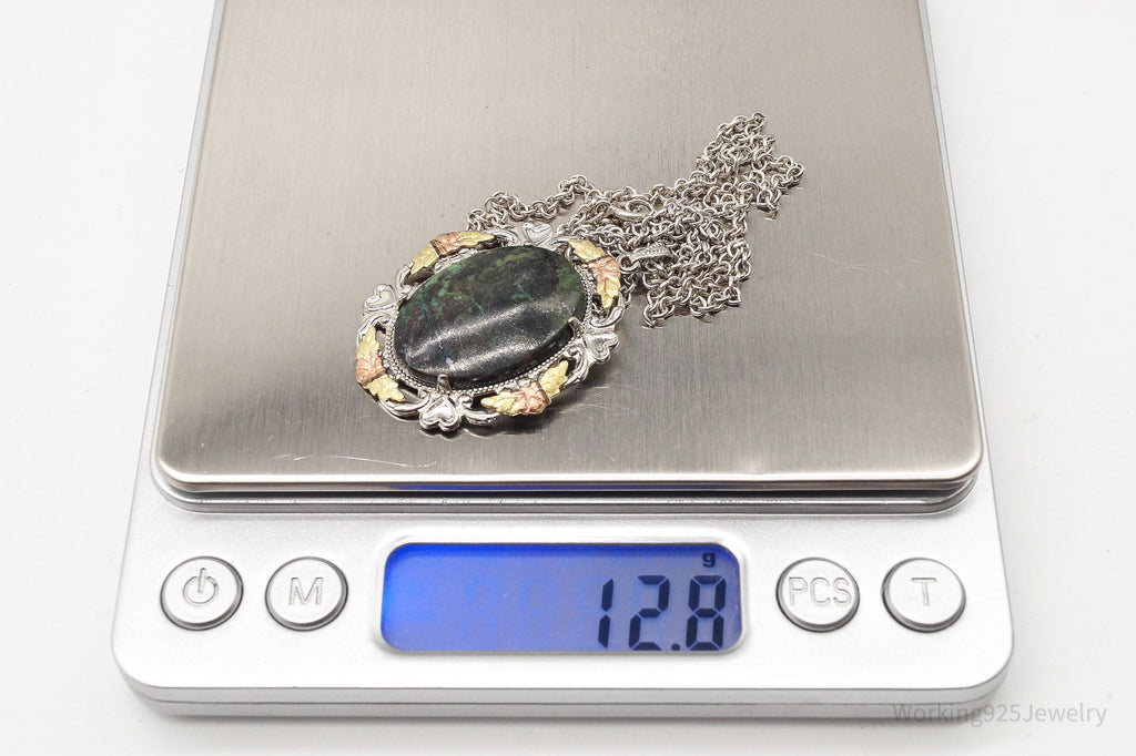 Vintage Green Stone 12K Gold Leaves Sterling Silver Necklace | Jewelry > Necklaces > Pendants | Wiccan Center