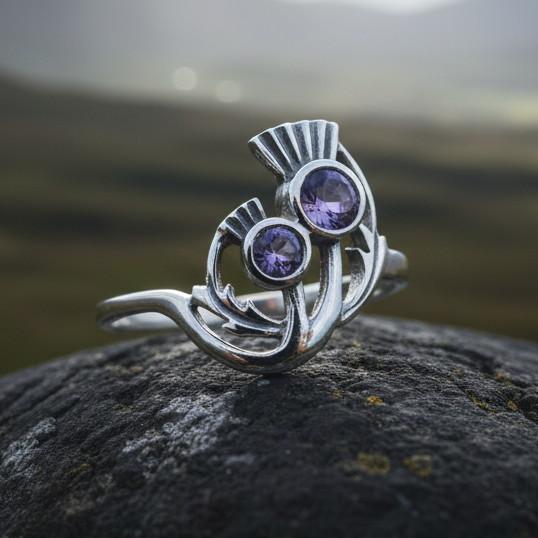 Adairia Scottish Thistle Amethyst Ring in Sterling Silver