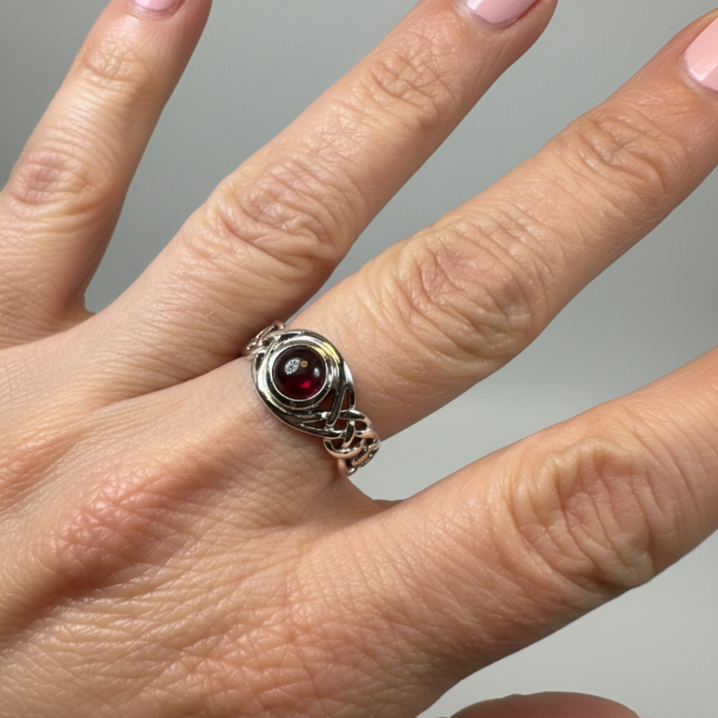 Leah Celtic Knot Garnet Ring in Sterling Silver