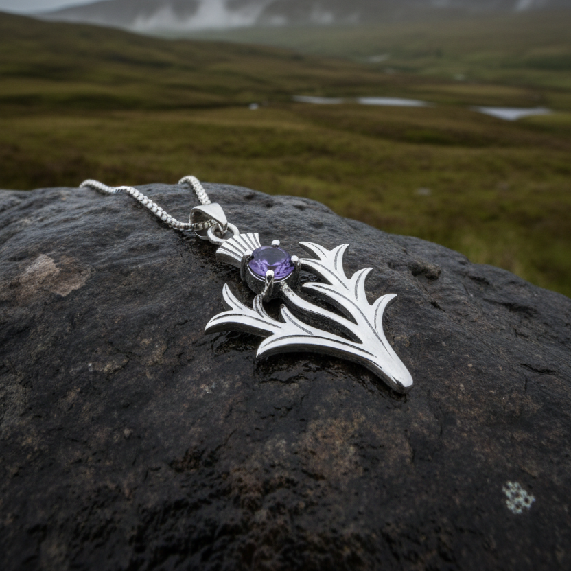 Jacobite Scottish Thistle Amethyst Necklace in Sterling Silver | Pendant | Wiccan Center