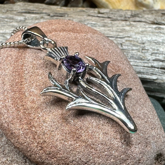 Jacobite Scottish Thistle Amethyst Necklace in Sterling Silver | Pendant | Wiccan Center