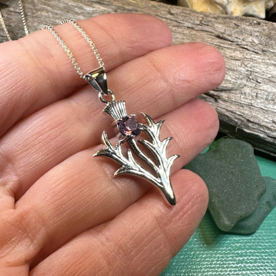 Jacobite Scottish Thistle Amethyst Necklace in Sterling Silver | Pendant | Wiccan Center