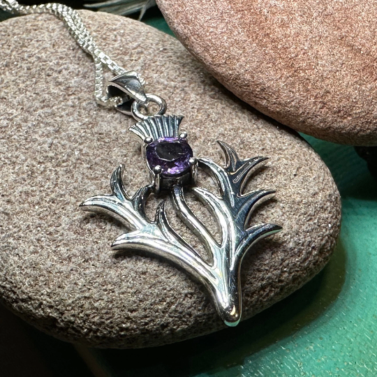 Jacobite Scottish Thistle Amethyst Necklace in Sterling Silver | Pendant | Wiccan Center