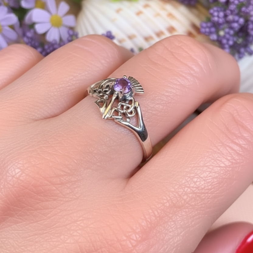 Ailean Scottish Thistle Amethyst Ring in Sterling Silver