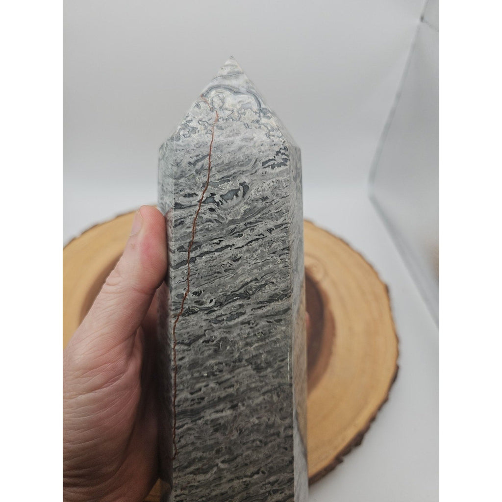 3.69LB 1Pcs Natural Gray Crazy Lace Jasper Crystal Point Tower Healing