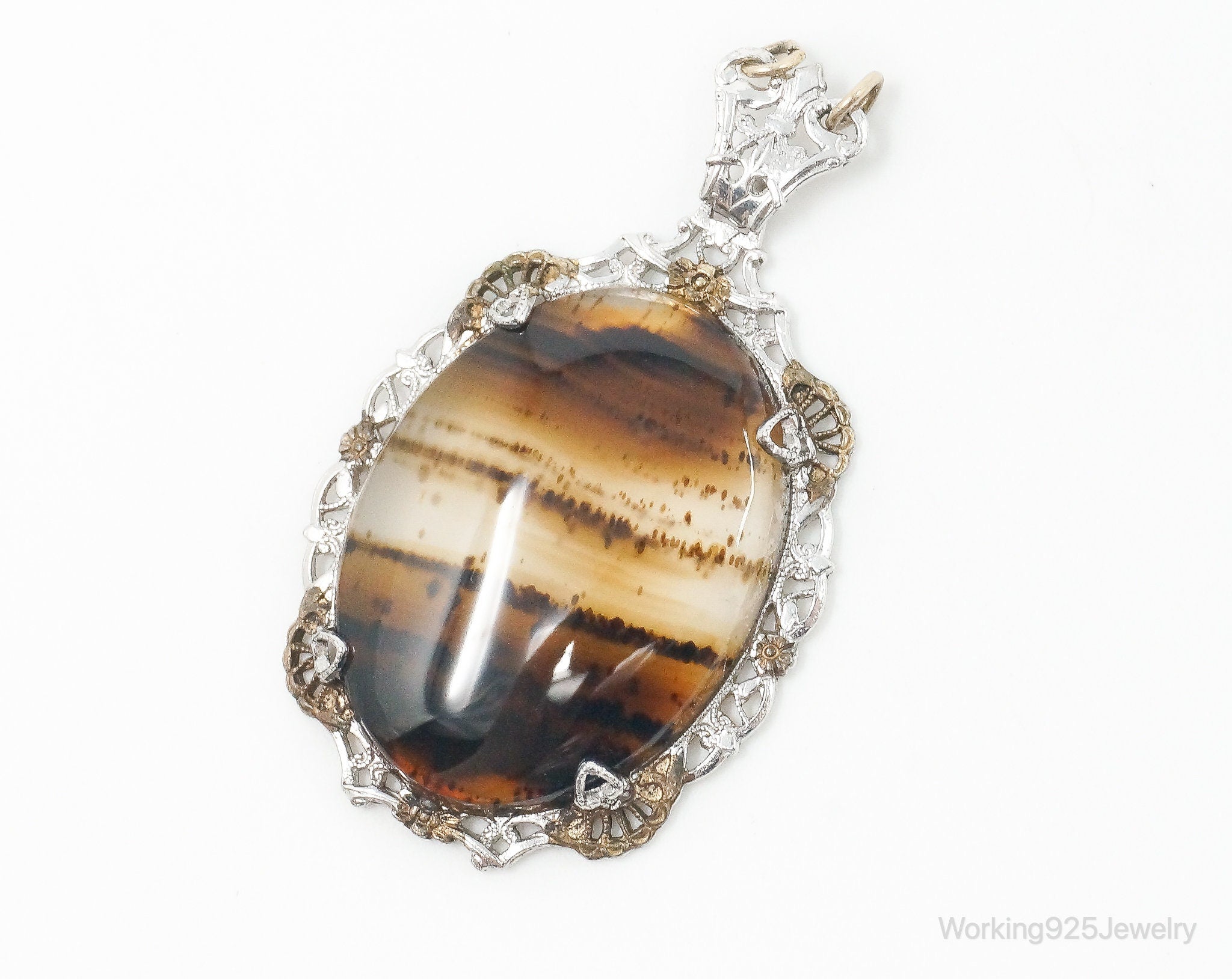 Antique Large Montana Agate Sterling Silver Necklace Pendant | Jewelry > Necklaces > Pendants | Wiccan Center
