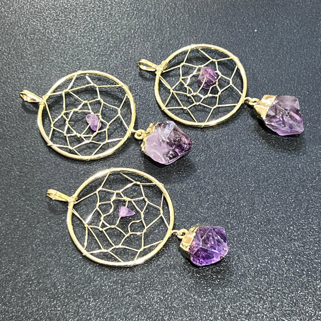 Dreamcatcher Pendant (Amethyst Crystal)(Gold Plated) Gemstone Jewelry Necklace Supply | Craft Supplies & Tools > Beads, Gems & Cabochons > Charms & Pendants > Pendants | Wiccan Center