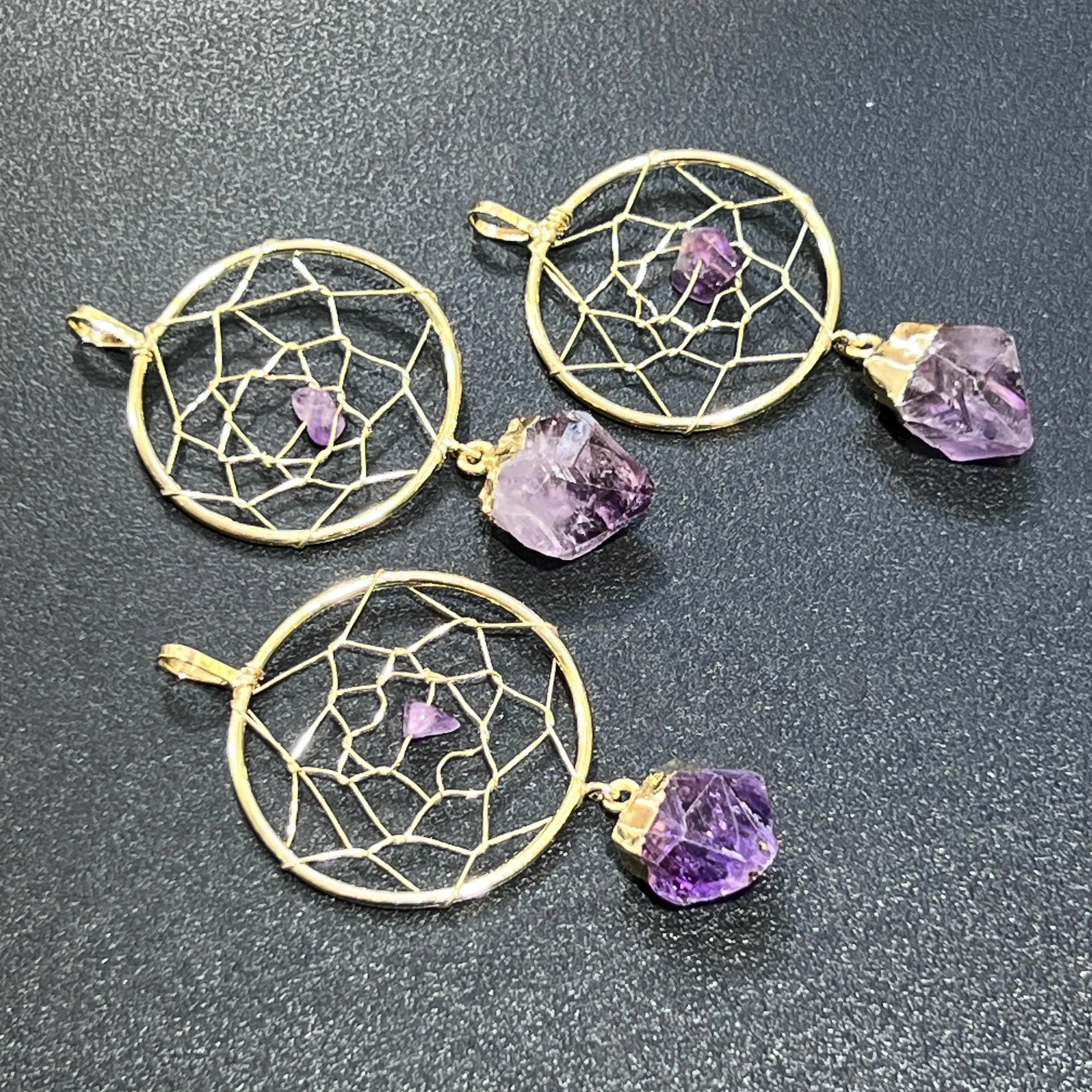 Dreamcatcher Pendant (Amethyst Crystal)(Gold Plated) Gemstone Jewelry Necklace Supply | Craft Supplies & Tools > Beads, Gems & Cabochons > Charms & Pendants > Pendants | Wiccan Center