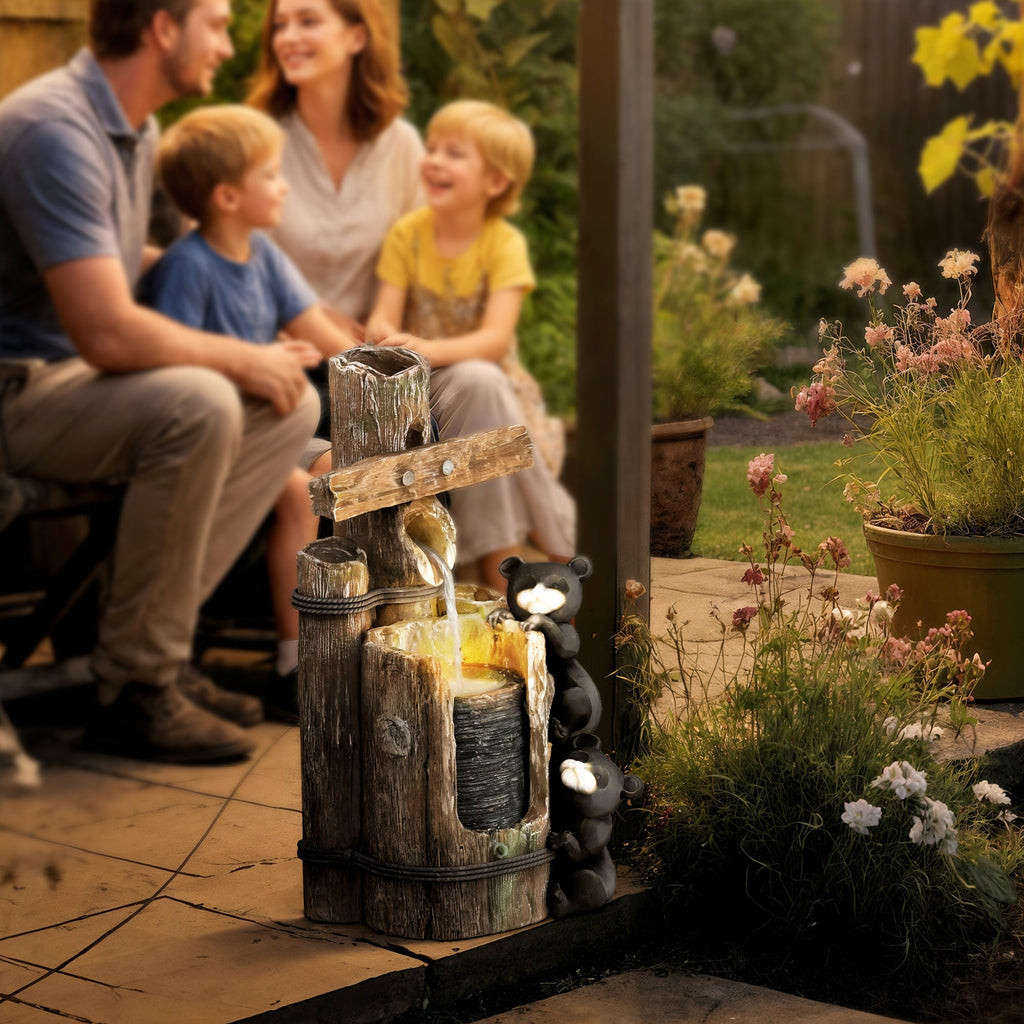 Resin Bear Fountain Two Cubs on Timber Post