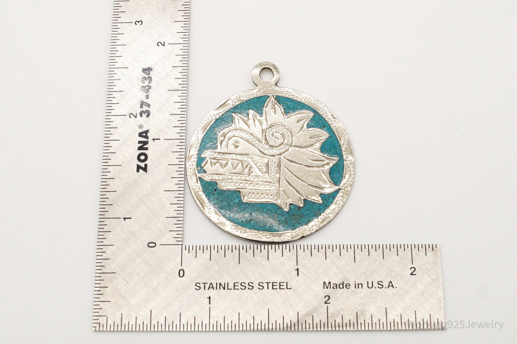 Vintage Large Mexico Mayan Aztec Warrior Mask Turquoise Alpaca Silver Pendant | Jewelry > Necklaces > Pendants | Wiccan Center