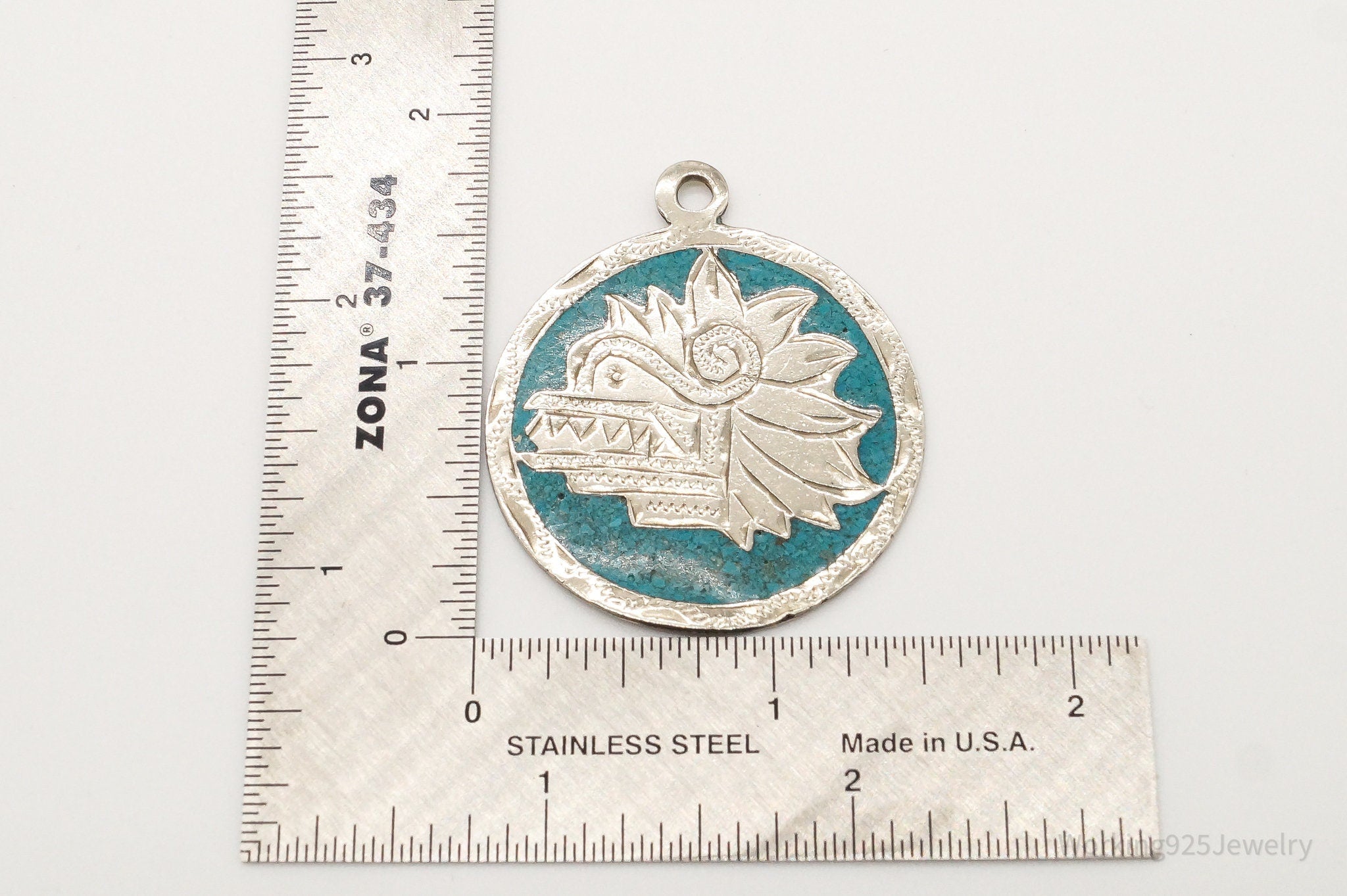 Vintage Large Mexico Mayan Aztec Warrior Mask Turquoise Alpaca Silver Pendant | Jewelry > Necklaces > Pendants | Wiccan Center