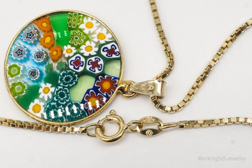 Vintage Glass Murano Millefiori Flowers Gold Vermeil Sterling Silver Necklace | Jewelry > Necklaces > Pendants | Wiccan Center