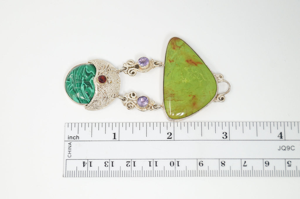 Vintage Turquoise Amethyst Malachite Garnet Sterling Silver Moon Face Pendant | Jewelry > Necklaces > Pendants | Wiccan Center