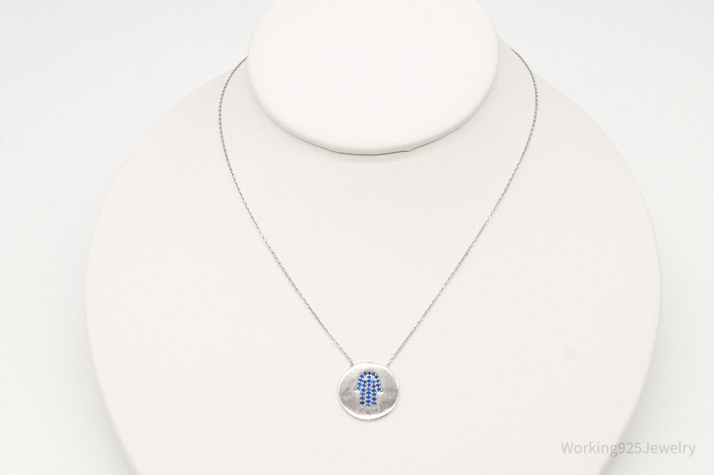 Vintage Blue Cubic Zirconia Hamsa Hand Sterling Silver Necklace | Jewelry > Necklaces > Pendants | Wiccan Center